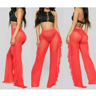 Mesh Folds See-through Beach Pants Swimwear Pants - Red