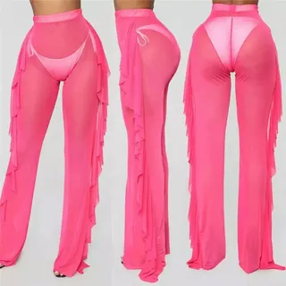 Mesh Folds See-through Beach Pants Swimwear Pants - Rose Red