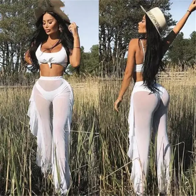 Mesh Folds See through Beach Pants Swimwear Pants White - Shop at LoveMi