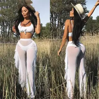 Mesh Folds See-through Beach Pants Swimwear Pants - White
