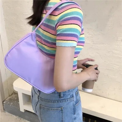 New candy purple underarm bag niche hobo personality bag retro simple handbag one shoulder nylon bag Purple - Shop at LoveMi