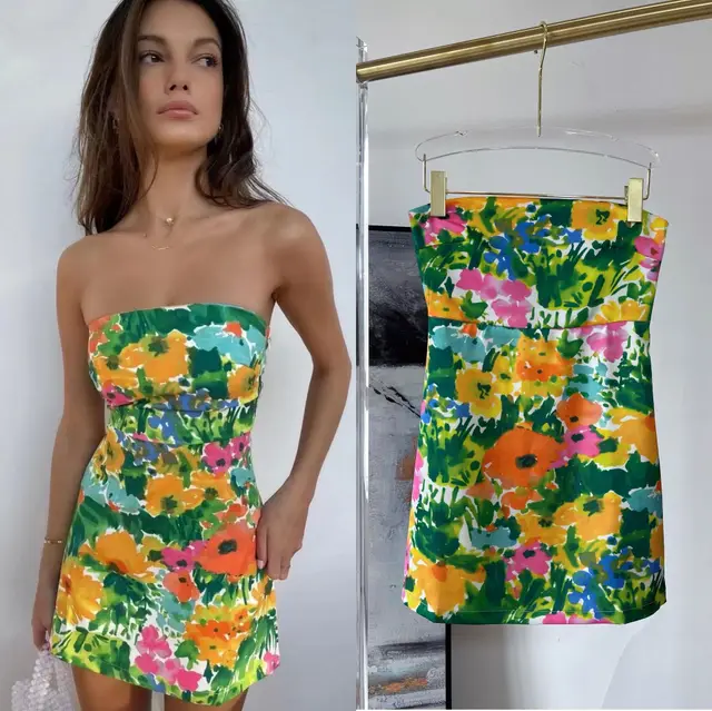 Design new products, casual printing, colorful floral wrap dress, sexy tube top dress Color - Shop at LoveMi