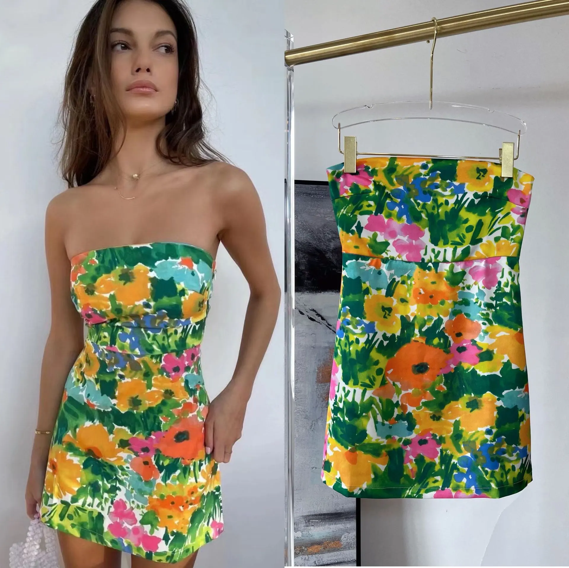Design new products, casual printing, colorful floral wrap dress, sexy tube top dress - Color - View 1