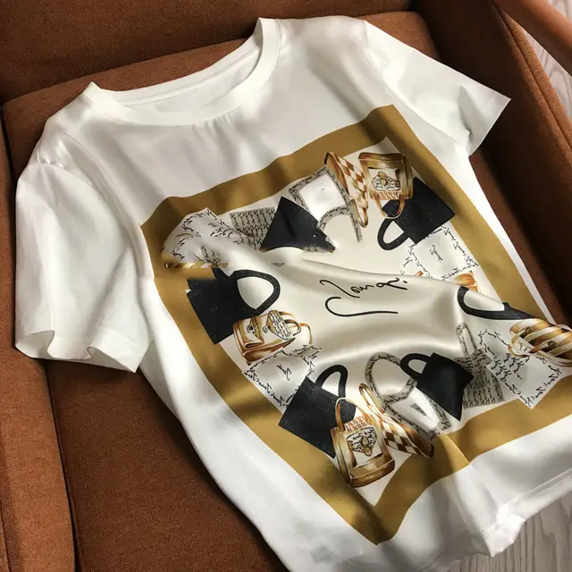 The Shopkeeper Keeps It High Votes Like It 19m Satin Stitching Mercerized Loose Print Short Sleeved T Womens Blouse Spring And Summer White - Shop at LoveMi