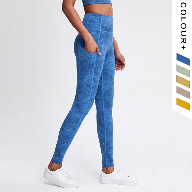 Double Sided Pocket Yoga Pants Women'S High Waist Hip Lifting Running Tight Elastic Feet Fitness Pants Ice Washed Blue - Shop at LoveMi