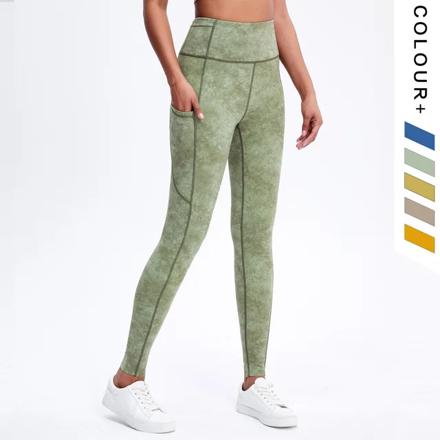 Double Sided Pocket Yoga Pants Women'S High Waist Hip Lifting Running Tight Elastic Feet Fitness Pants Ice Washed Dark Green - Shop at LoveMi