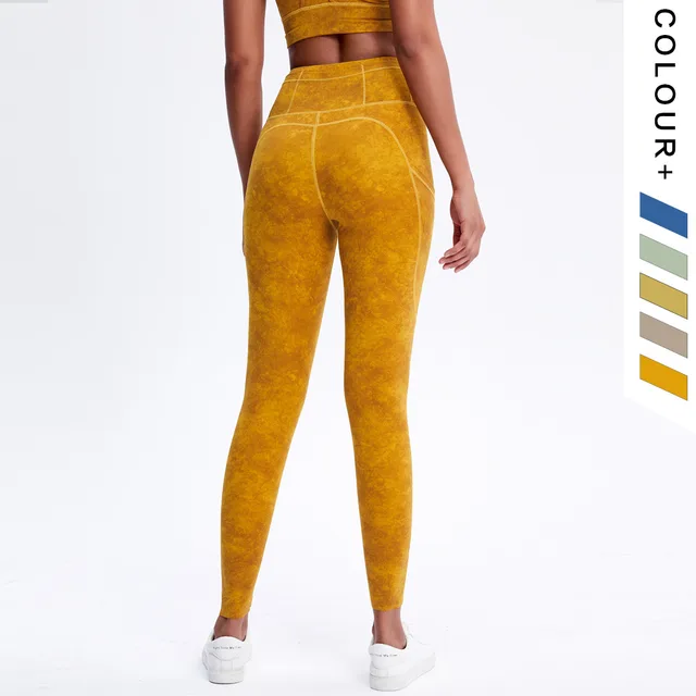 Double Sided Pocket Yoga Pants Women'S High Waist Hip Lifting Running Tight Elastic Feet Fitness Pants Ice Washed Yellow - Shop at LoveMi