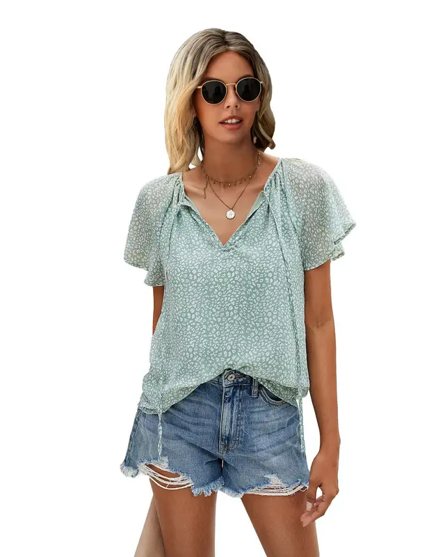 Printed Lotus Leaf Sleeves V Neck Floral Blouse With Short Sleeves Light Green - Shop at LoveMi