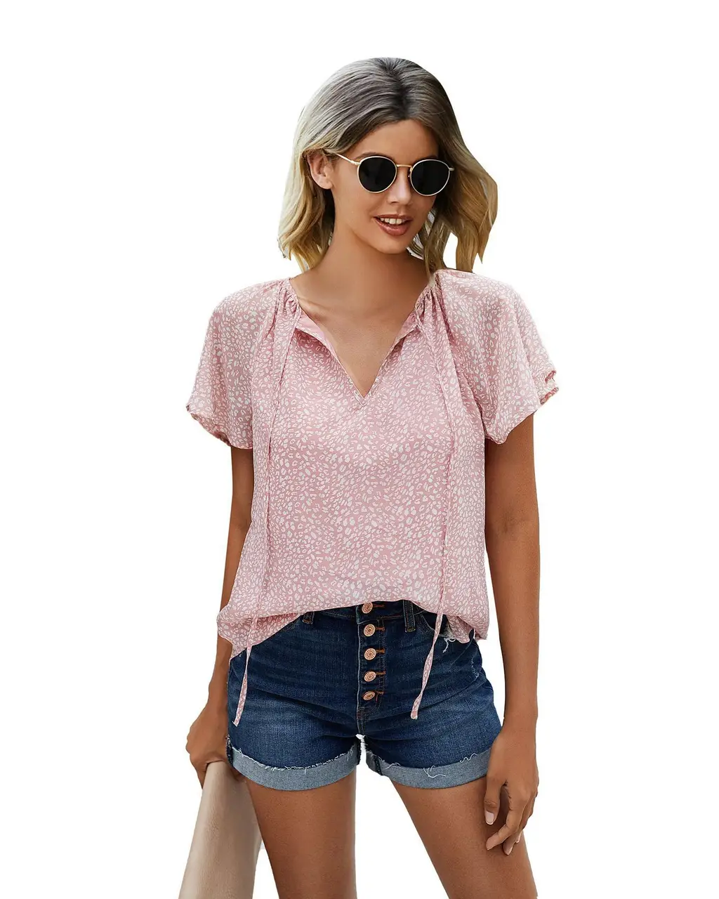 Printed Lotus Leaf Sleeves V Neck Floral Blouse With Short Sleeves - Pink