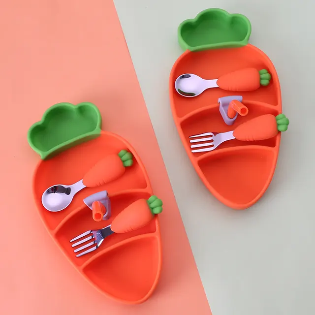 Three Piece Silicone Cartoon Carrot Anti Fall and Anti Scalding Children's Tableware Carrot - Shop at LoveMi
