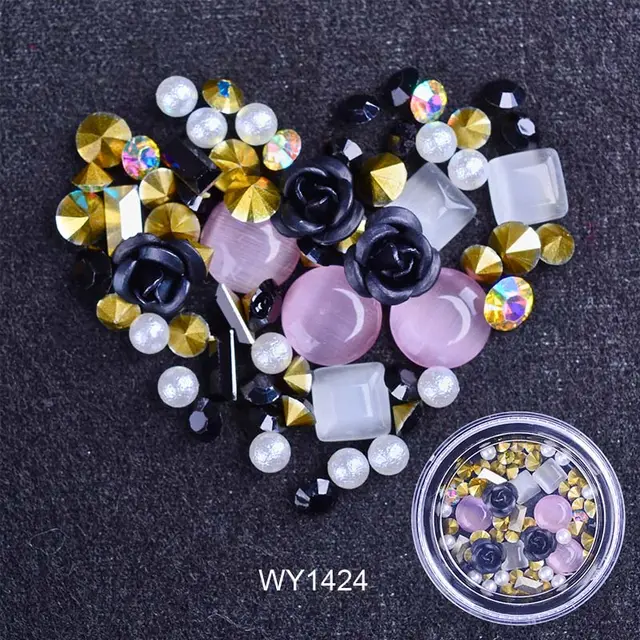 Nail Art Metal Flower Cat's Eye Jade Shaped Pointed Rhinestone Nail Art Pearl Jewelry Black - Shop at LoveMi