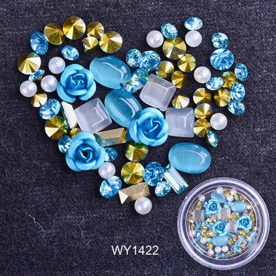 Nail Art Metal Flower Cat's Eye Jade Shaped Pointed Rhinestone Nail Art Pearl Jewelry Light Blue - Shop at LoveMi