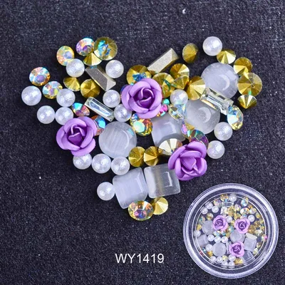 Nail Art Metal Flower Cat's Eye Jade Shaped Pointed Rhinestone Nail Art Pearl Jewelry Purple - Shop at LoveMi