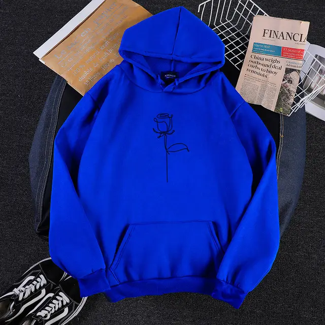 Graffiti Roses Simple Print Loose Hooded Couple Sweatshirt Blue - Shop at LoveMi