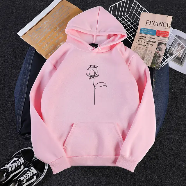 Graffiti Roses Simple Print Loose Hooded Couple Sweatshirt Pink - Shop at LoveMi