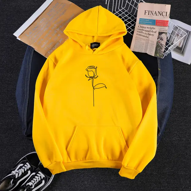 Graffiti Roses Simple Print Loose Hooded Couple Sweatshirt Yellow - Shop at LoveMi