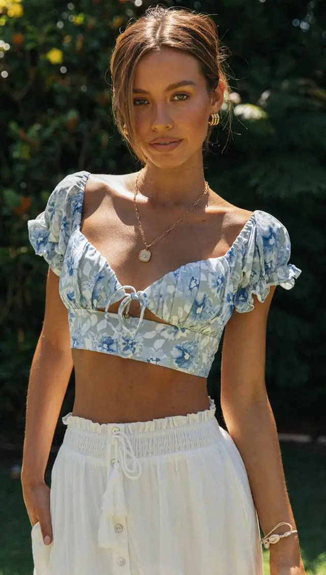 V Neck Printed Chest Wrapped Cropped Top Shirt Light Blue - Shop at LoveMi