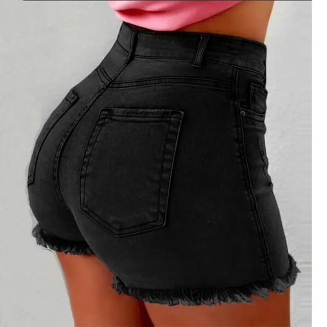 Women's Denim Shorts Tassel Hole High Waist Black - Shop at LoveMi