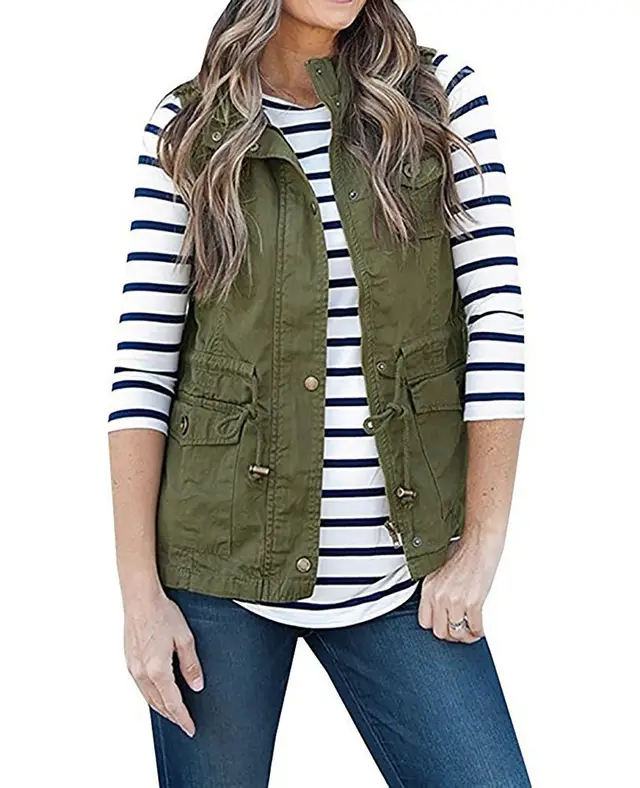 Solid Color Sleeveless Button Vest Jacket Armygreen - Shop at LoveMi