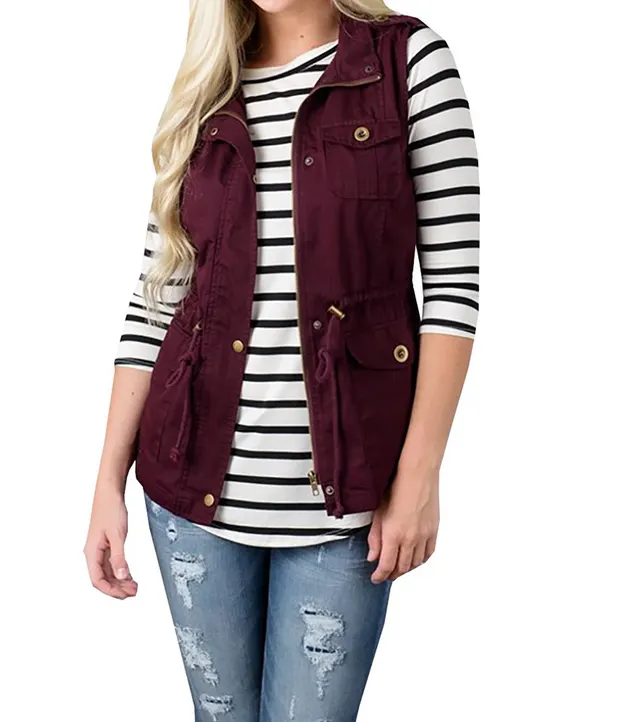 Solid Color Sleeveless Button Vest Jacket Wine Red - Shop at LoveMi