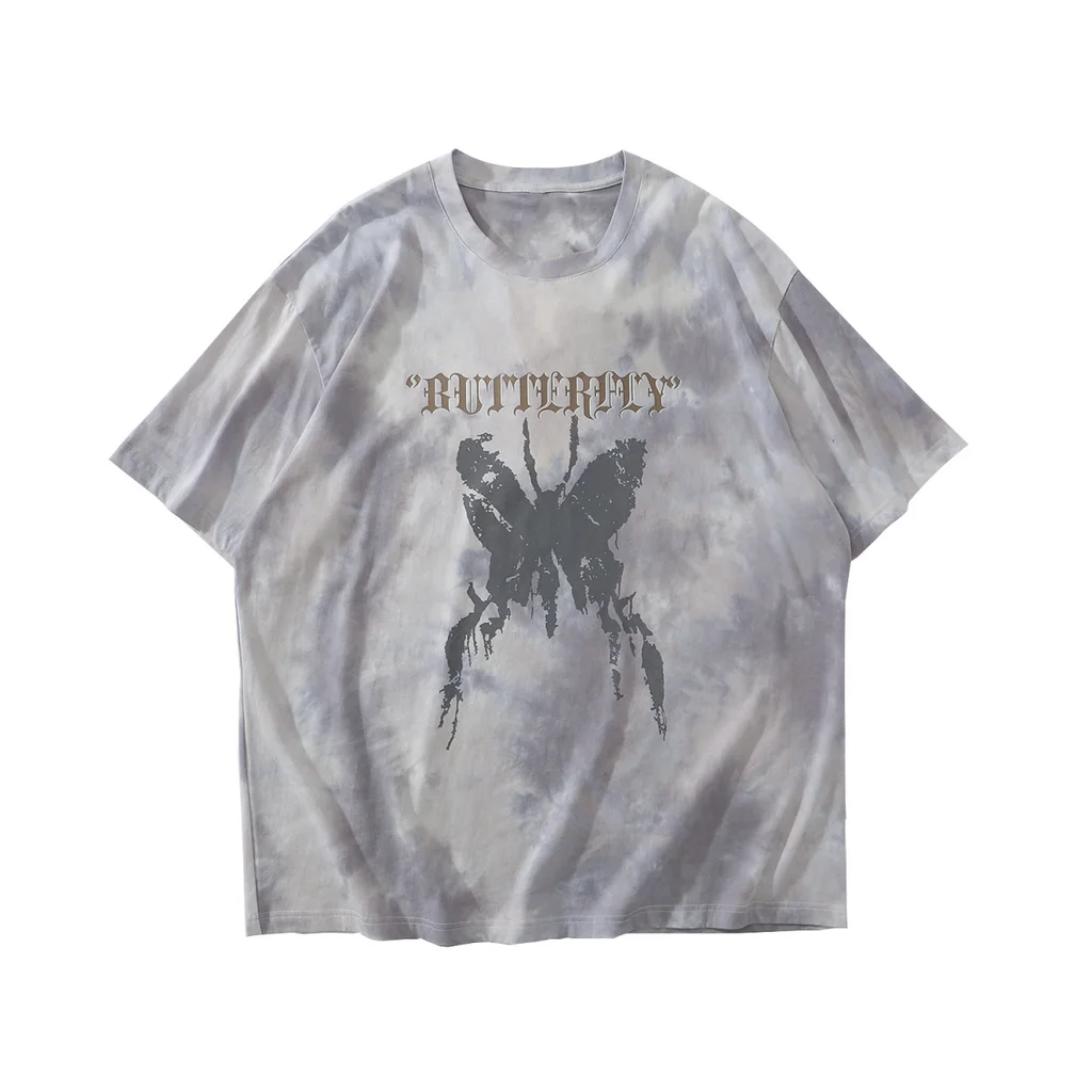 Tie-dye Butterfly Print Street Men And Women Same Style Couples Hip-hop Loose Short-sleeved Original T-shirt - White