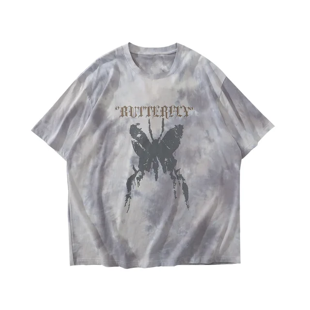 Tie dye Butterfly Print Street Men And Women Same Style Couples Hip hop Loose Short sleeved Original T shirt White - Shop at LoveMi