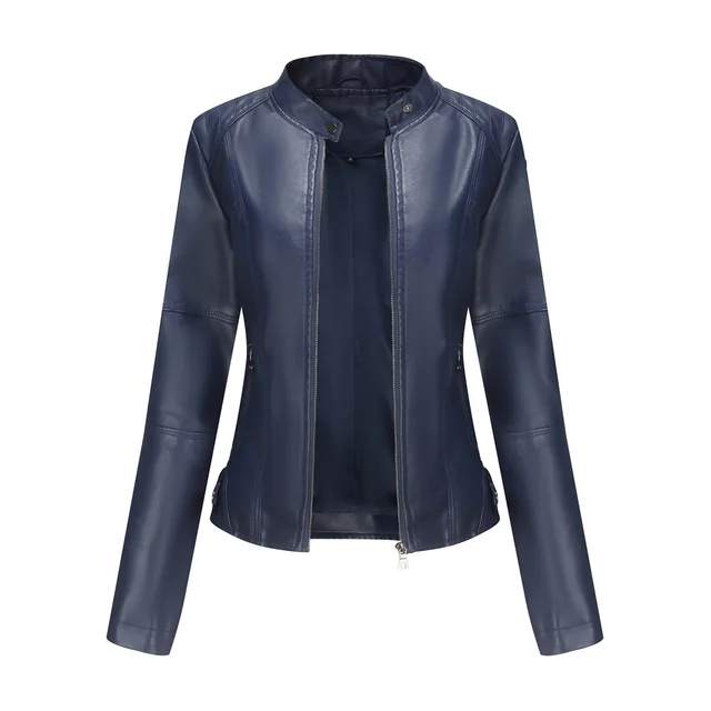 Women'S Leather Dress Slim Jacket Spring Autumn Coat Dark Blue - Shop at LoveMi