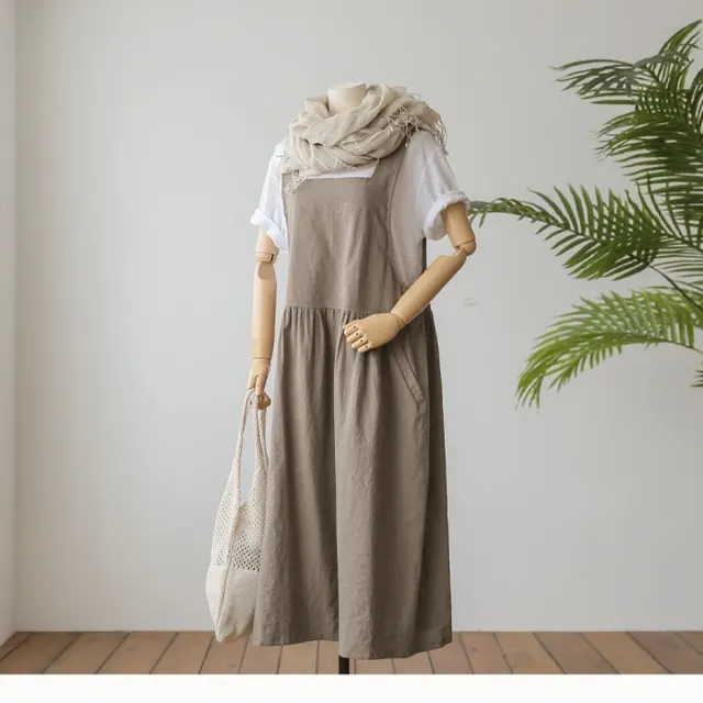 Women's Cotton And Linen Sling Dress Washed Cotton Vest Skirt Brown - Shop at LoveMi