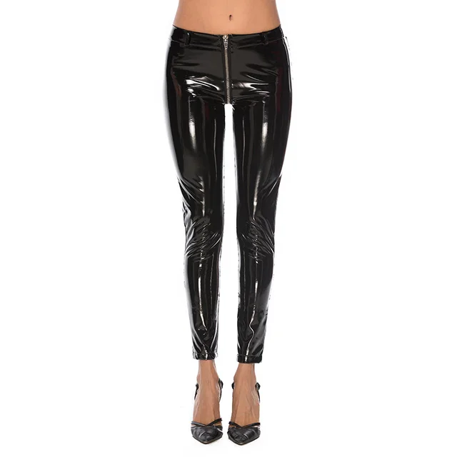 Ladies Zipper Patent Leather Leggings Black - Shop at LoveMi