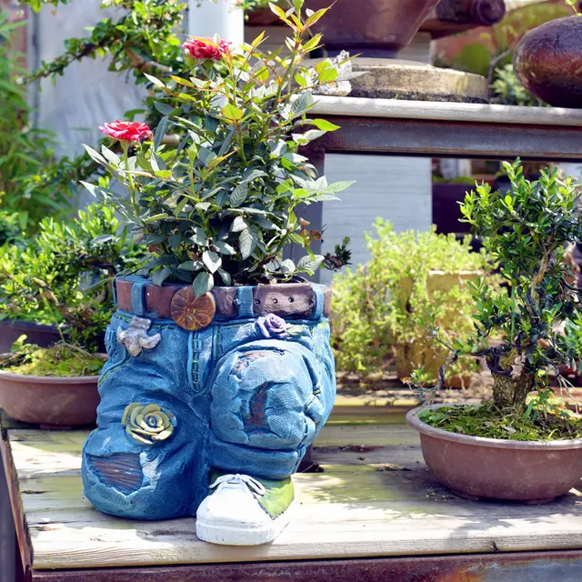 American Country Garden Denim Floral Pants Creative Flower Pot Kneeling - Shop at LoveMi