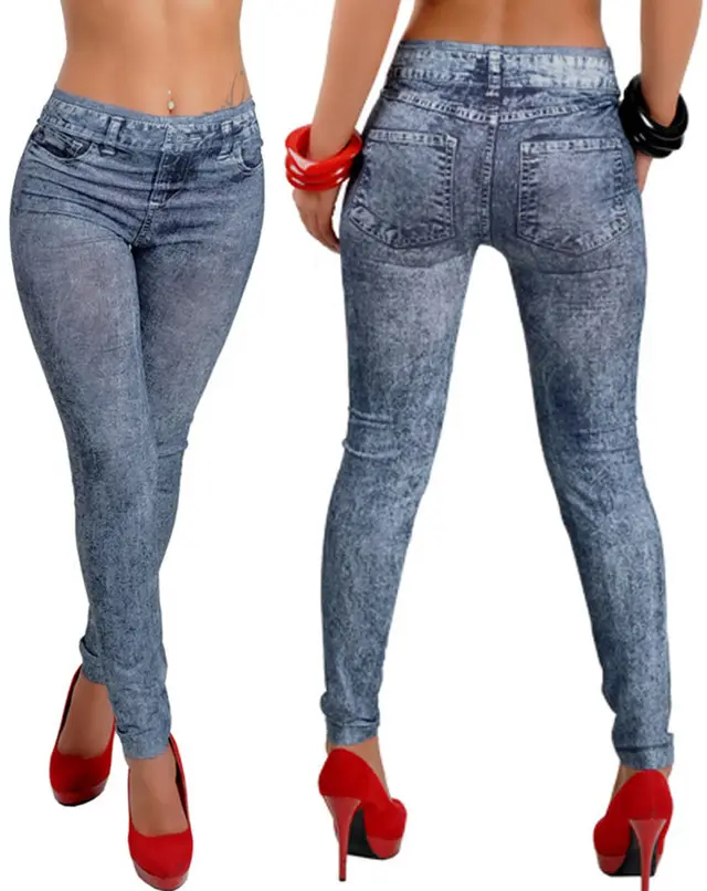 European And American Elastic Snowflake Faux Denim Leggings Snowflake Blue - Shop at LoveMi