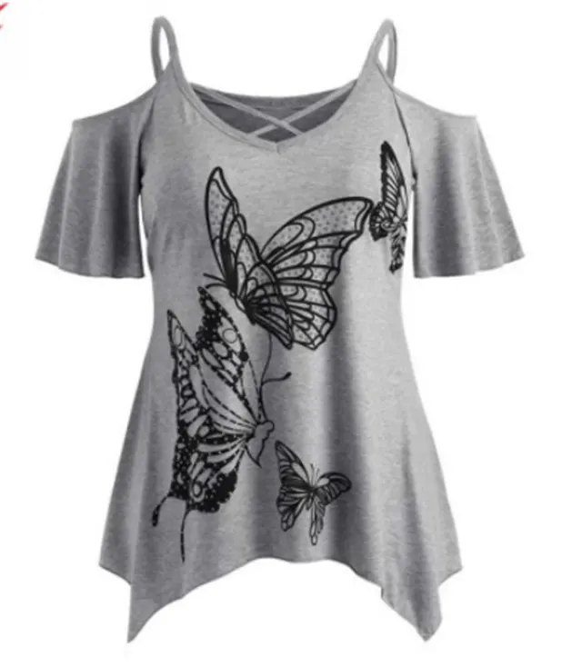 Sexy Front Cross Butterfly Print T shirt Off Shoulder Short Sleeves Grey - Shop at LoveMi