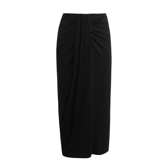 Pleated Drape Split Thin Black Women's High Waisted Skirt Black - Shop at LoveMi