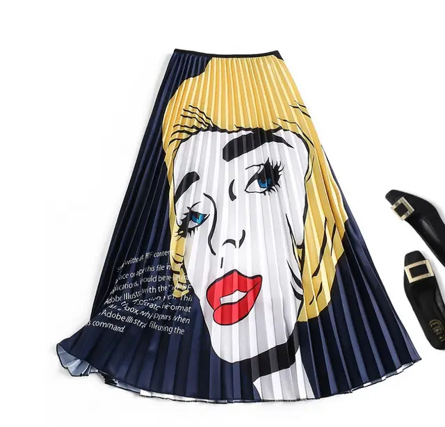 European And American Pleated Print A Line Skirt Yellow - Shop at LoveMi