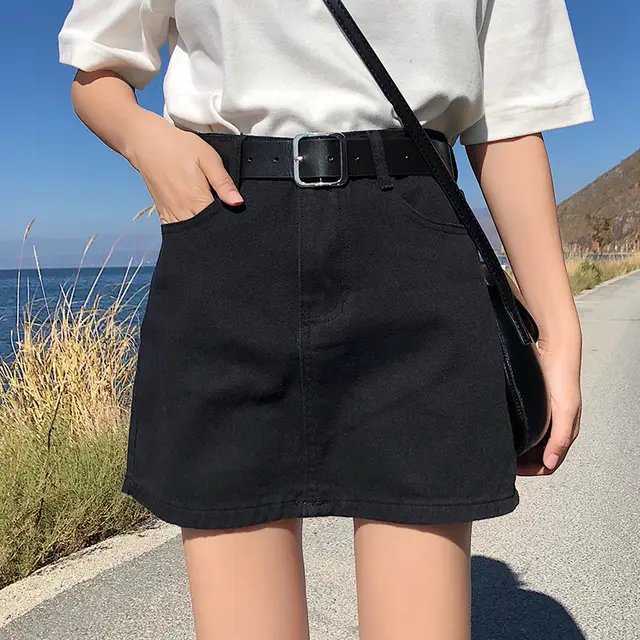 Black Denim Skirt Female A Line Bag Hip Skirt Black - Shop at LoveMi