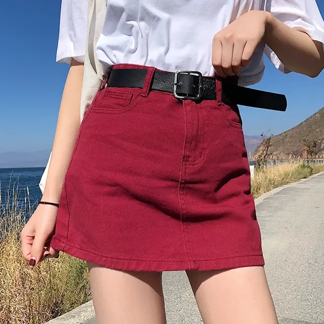 Black Denim Skirt Female A Line Bag Hip Skirt Red - Shop at LoveMi