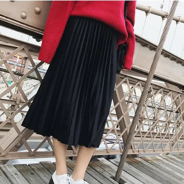 New Style Velvet Pleated Half Length Skirt Metallic Velvet Mid Length Skirt Women Black - Shop at LoveMi