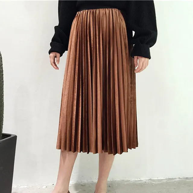 New Style Velvet Pleated Half Length Skirt Metallic Velvet Mid Length Skirt Women Brown - Shop at LoveMi