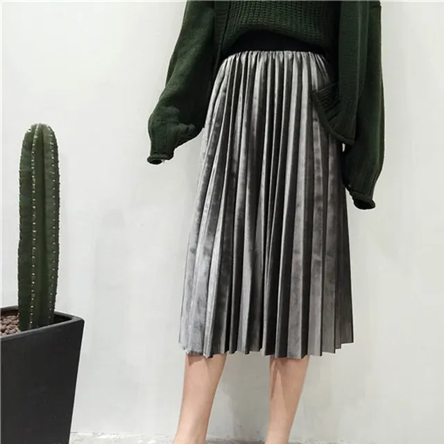 New Style Velvet Pleated Half Length Skirt Metallic Velvet Mid Length Skirt Women Gray - Shop at LoveMi