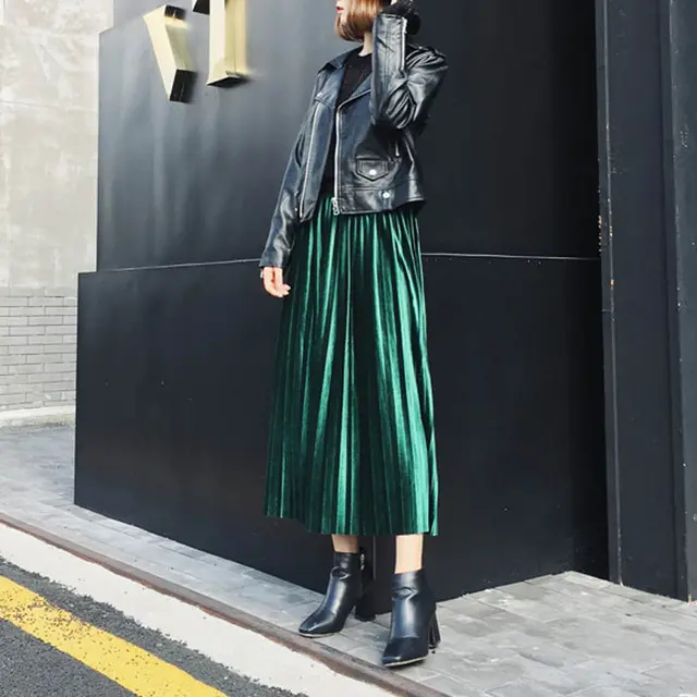 New Style Velvet Pleated Half Length Skirt Metallic Velvet Mid Length Skirt Women Green - Shop at LoveMi