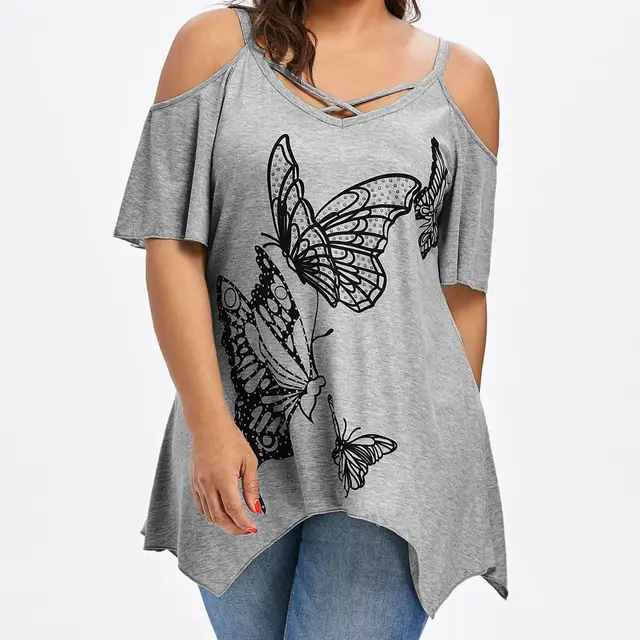 Summer Large Size Women's Butterfly Print T Shirt Women Grey - Shop at LoveMi