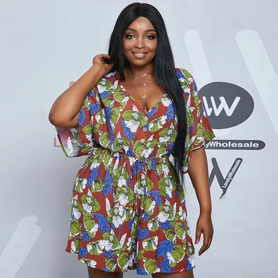 Lovely Plus Size Boho Floral Print Drawstring Red One piece Romper Red - Shop at LoveMi