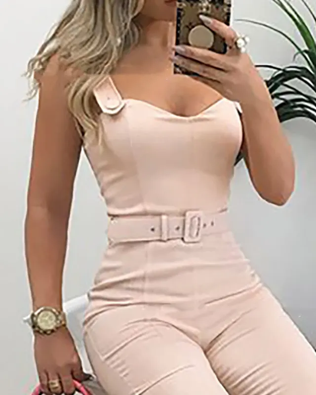 European And American Sling V neck One piece With Belt Pink - Shop at LoveMi
