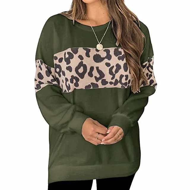 Women's Long Sleeved Leopard Print Stitching Sweater T Shirt Army Green - Shop at LoveMi