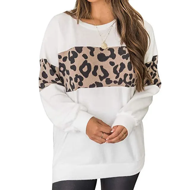 Women's Long Sleeved Leopard Print Stitching Sweater T Shirt White - Shop at LoveMi