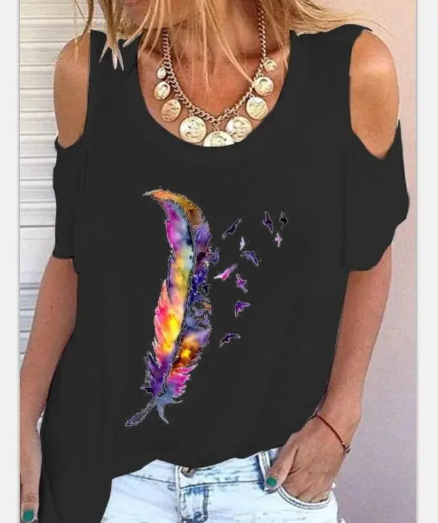 Fashion Women's Short Sleeve T Shirt Feather Print Top Black - Shop at LoveMi