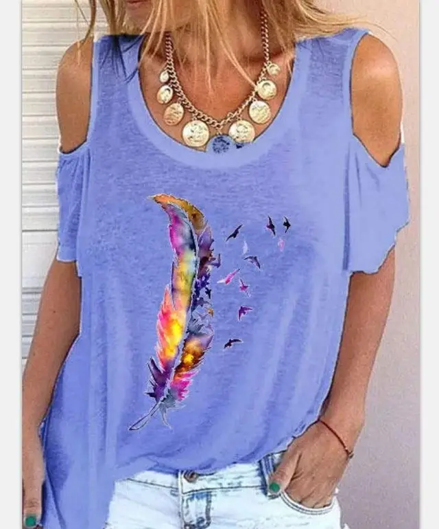 Fashion Women's Short Sleeve T Shirt Feather Print Top Sky Blue - Shop at LoveMi
