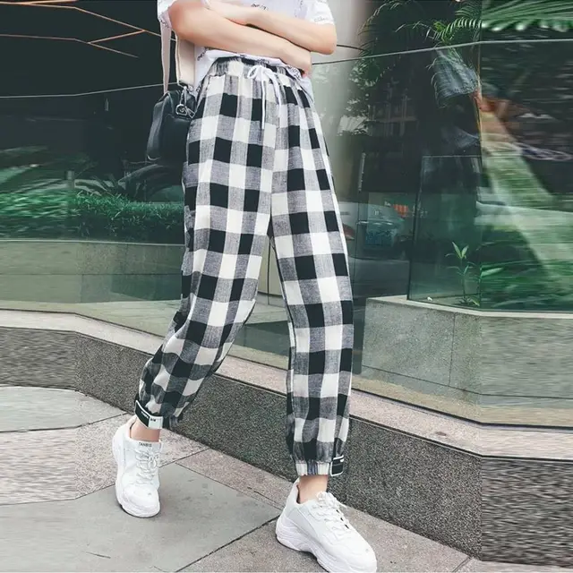 Cotton and Linen Pants Literary and Casual Plaid Pants Grey - Shop at LoveMi