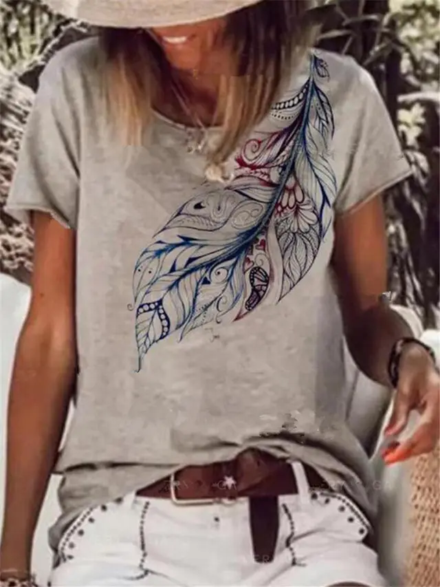 Short Sleeve Round Neck Leaf Print T shirt Grey - Shop at LoveMi