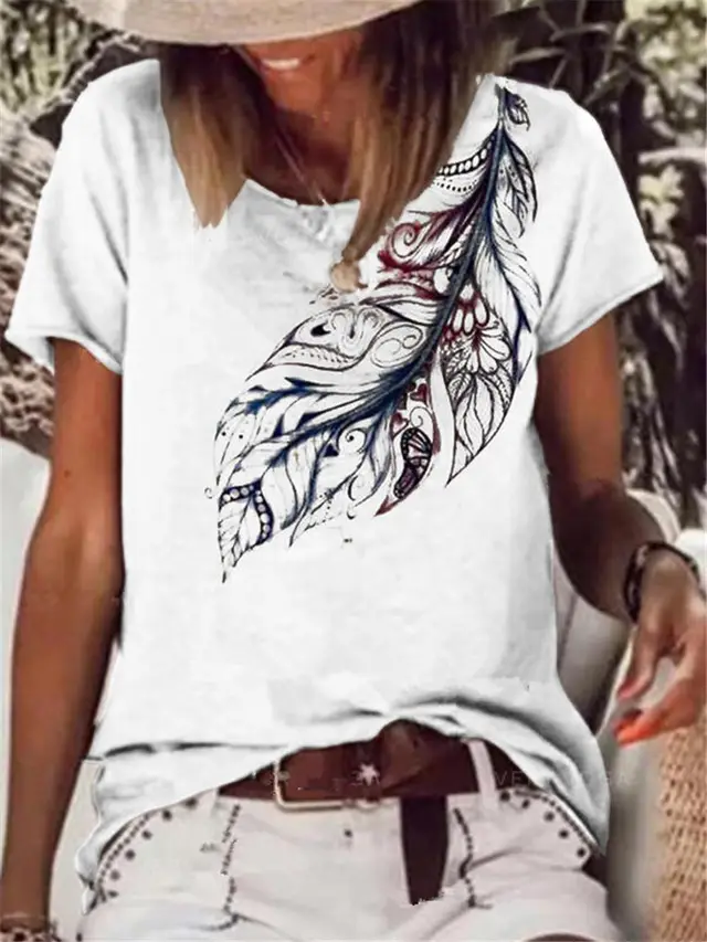 Short Sleeve Round Neck Leaf Print T shirt White - Shop at LoveMi